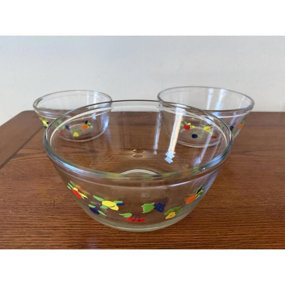 Vtg 3 PC Anchor Hocking Clear Glass w/ Fruit Nesting Mixing Bowls 1990 1056-58